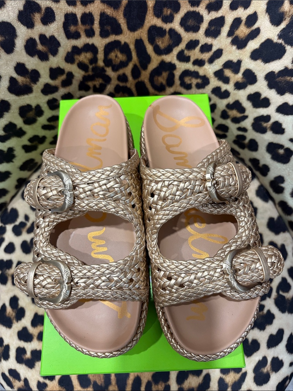 Sam Edelman Metallic Gold Woven Buckle Slide Sandals